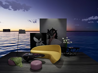 Modern Curved Yellow Sofa and Coffee Table Set with Seaside Sunset and Wall Art 3d model