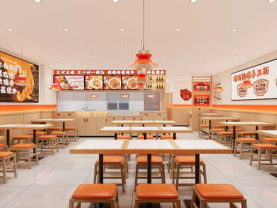Bright Chinese Fast Food Restaurant Interior With Wooden Tables Orange Seats And Menu Boards 3d model