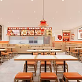 Bright Chinese Fast Food Restaurant Interior With Wooden Tables Orange Seats And Menu Boards