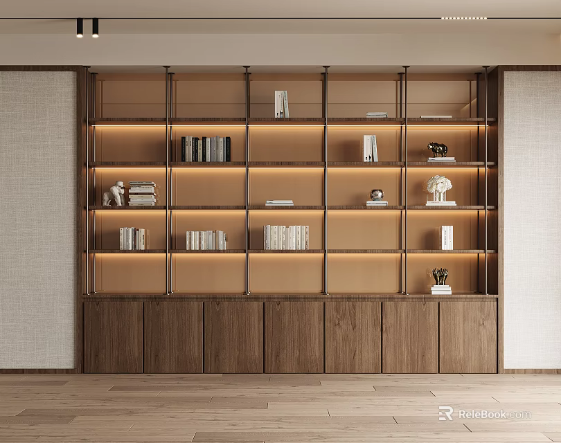 Modern Decorative Cabinet With Wooden Shelves Books And Warm Lighting 3d model 