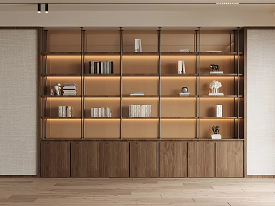 Modern Decorative Cabinet With Wooden Shelves Books And Warm Lighting 3d model