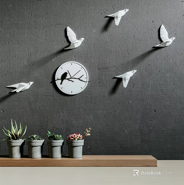 Potted Plants in Gray Pots on Wooden Shelf with Black Wall White Clock Bird Decorations 3d model 