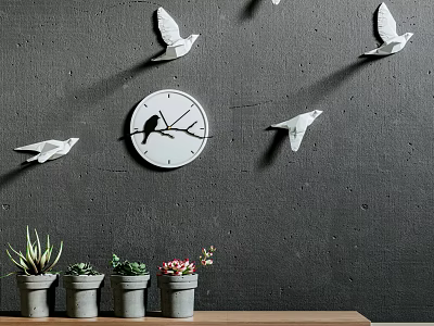 Potted Plants in Gray Pots on Wooden Shelf with Black Wall White Clock Bird Decorations 3d model