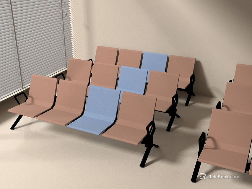 Public Waiting Area Chairs With Light Brown And Blue Seats Arranged In Rows 3d model 
