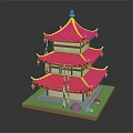 Chinese Traditional Pagoda with Multiple Stories Red Roof Yellow Decorations Green Pillars and Red Lanterns