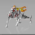 White Wolf with Flaming Tail Red Markings and Spiked Armor in Crouching Stance