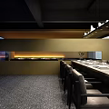 Modern Restaurant Interior With Blue Hanging Decorations Open Layout And Warm Lighting 3d model