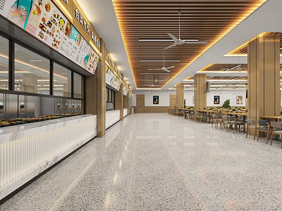 Spacious Cafeteria Interior With Food Counters Menu Boards And Wooden Ceiling 3d model