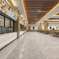 Spacious Cafeteria Interior With Food Counters Menu Boards And Wooden Ceiling 3d model