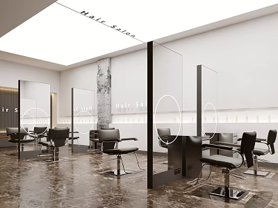 Modern Hair Salon Interior Design With Black Styling Chairs Glass Partitions And Marble Flooring 3d model