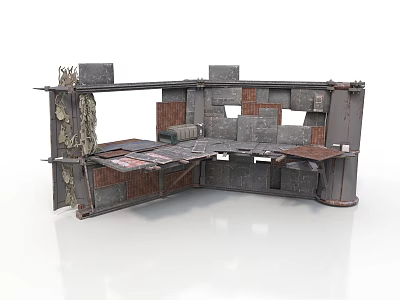 Rustic Industrial Corner Scene Structure With Metal Frame Brick Wall And Damaged Panels 3d model