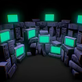 Stacked Old Computers With Green Screen Monitors In Dark Background