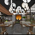Elegant Modern Restaurant Interior With Round Pendant Lights Black Silhouette Wooden Tables And Green Plants