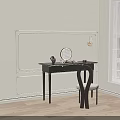 Elegant Black Dressing Table With Round Mirror Chair And Wall Lamp On Wooden Floor