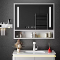 Bathroom Vanity with Backlit Mirror Black Hexagonal Tile Wall Shelf Decorative Bottles and Digital Clock