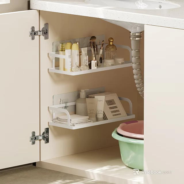 Bathroom Accessories Organizer With White Shelves In Cabinet Interior Holding Toiletries Skincare And Brushes 3d model 