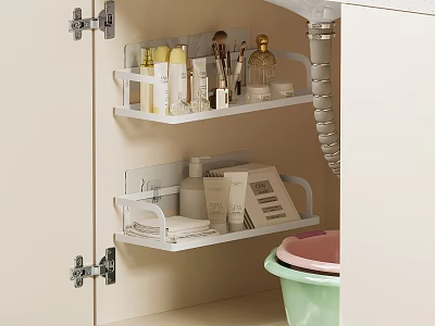 Bathroom Accessories Organizer With White Shelves In Cabinet Interior Holding Toiletries Skincare And Brushes 3d model