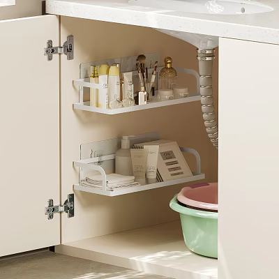Bathroom Accessories Organizer With White Shelves In Cabinet Interior Holding Toiletries Skincare And Brushes 3d model