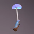 Glowing Purple Vegetable Mushroom with White Stem Inserted in Brown Wood Gray Background