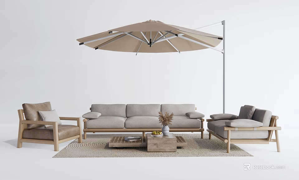 Comfortable Outdoor Sofa Set With Armchairs Coffee Table And Large Umbrella 3d model
