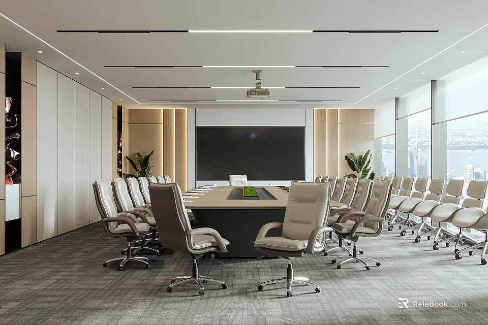 Modern Conference Room Interior With Long Table Ergonomic Chairs Projector Large Windows And Plants 3d model 