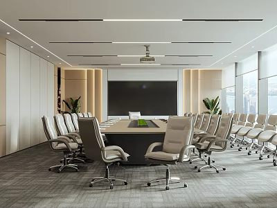 Modern Conference Room Interior With Long Table Ergonomic Chairs Projector Large Windows And Plants 3d model