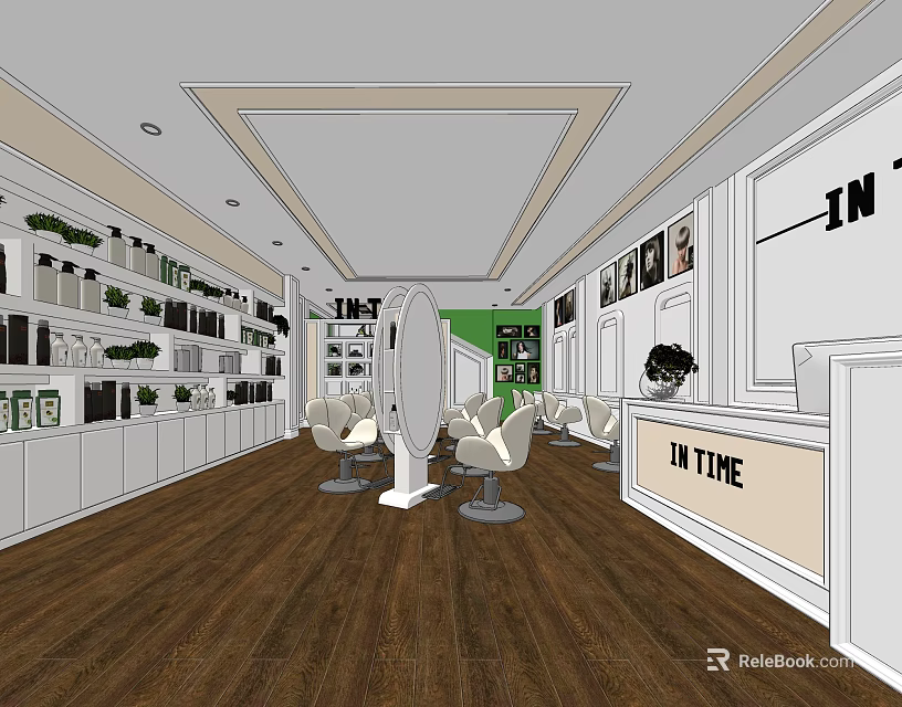 Beauty Hair Salon Interior With White Styling Chairs Mirrors Product Shelves And Wooden Flooring 3d model 