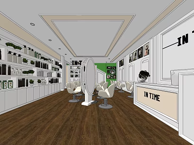 Beauty Hair Salon Interior With White Styling Chairs Mirrors Product Shelves And Wooden Flooring 3d model