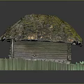 Thatched Roof Wooden Cabin Structure With Moss Covered Top And Green Plants Around Base