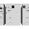 Industrial Control Cabinets Silver Metal Enclosures with Display Screens Control Panels and Warning Signs