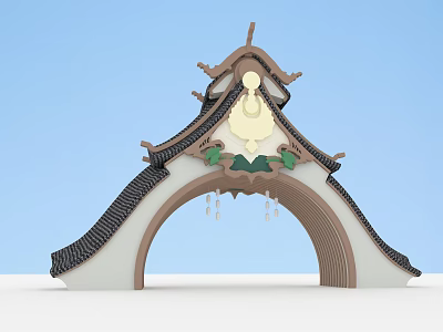 Brown And White Traditional Chinese Archway With Ornate Eave And Lotus Decoration 3d model