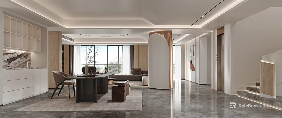 Modern Living Room Interior With Large Windows Sofa Arched Column And Wooden Elements 3d model