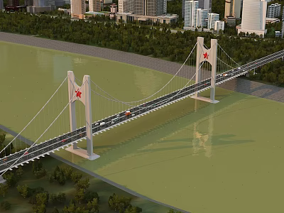 Cable Stayed Bridge With Red Star Decorations Across River By Urban Skyline And Green Trees 3d model