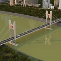 Cable Stayed Bridge With Red Star Decorations Across River By Urban Skyline And Green Trees