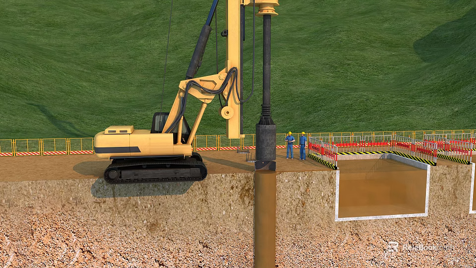 Modern Construction Site With Pile Driver Machine Workers And Green Hillside Area 3d model 