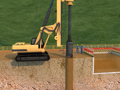 Modern Construction Site With Pile Driver Machine Workers And Green Hillside Area 3d model