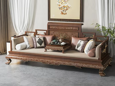 Elegant Chinese Arhat Bed With Carved Wooden Frame Tea Table And Decorative Cushions 3d model