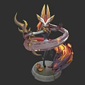 Game Fantasy Character With Golden Red Headdress And Glowing Ring Weapon Flaming Base