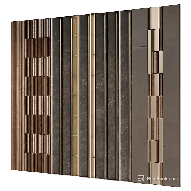 Modern Wall Design With Wooden Vertical Strips Metal Accents And Marble Panels 3d model 