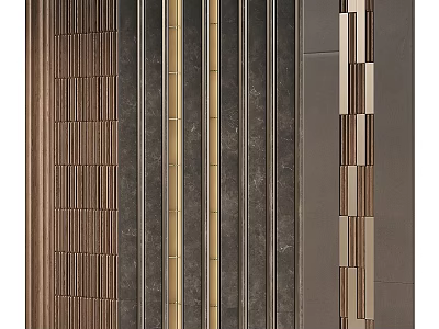 Modern Wall Design With Wooden Vertical Strips Metal Accents And Marble Panels 3d model