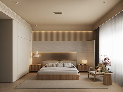 Modern Bedroom Interior With Upholstered Headboard Wooden Bed Frame Nightstands Table Lamps And Accent Chair 3d model