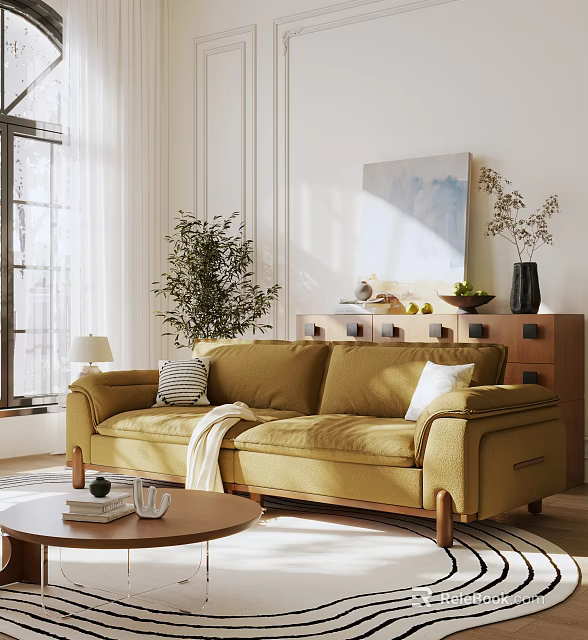Three Seater Sofa Golden in Bright Living Room with Coffee Table Plant and Cabinet 3d model 