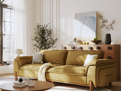 Three Seater Sofa Golden in Bright Living Room with Coffee Table Plant and Cabinet 3d model