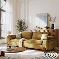 Three Seater Sofa Golden in Bright Living Room with Coffee Table Plant and Cabinet