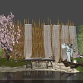 Scenic Photo Spot with Pink Cherry Blossom Tree Bamboo Screen with Scrolls and Figure Silhouette 3d model