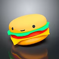Cute Cartoon Style Smiling Hamburger With Yellow Bun Green Lettuce Red Tomato And Yellow Cheese