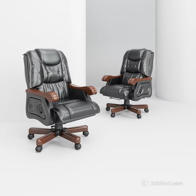 Black Leather Executive Office Chair With Wooden Armrests Swivel Casters And Ergonomic Design 3d model 