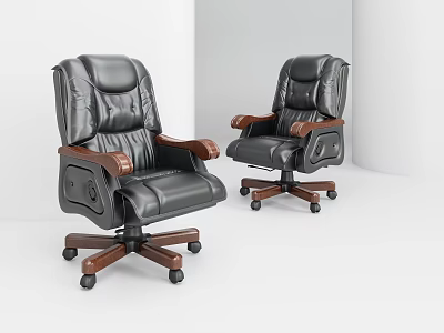 Black Leather Executive Office Chair With Wooden Armrests Swivel Casters And Ergonomic Design 3d model