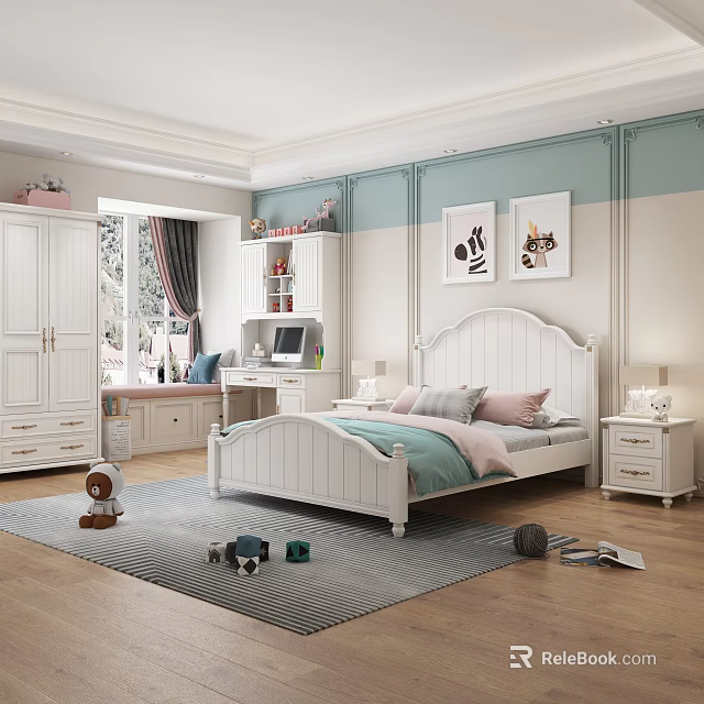 Charming Children's Bedroom Featuring White Bed Wardrobe Desk Light Blue Beige Walls And Wall Paintings 3d model 