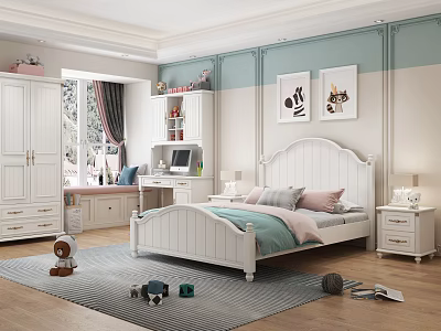 Charming Children's Bedroom Featuring White Bed Wardrobe Desk Light Blue Beige Walls And Wall Paintings 3d model
